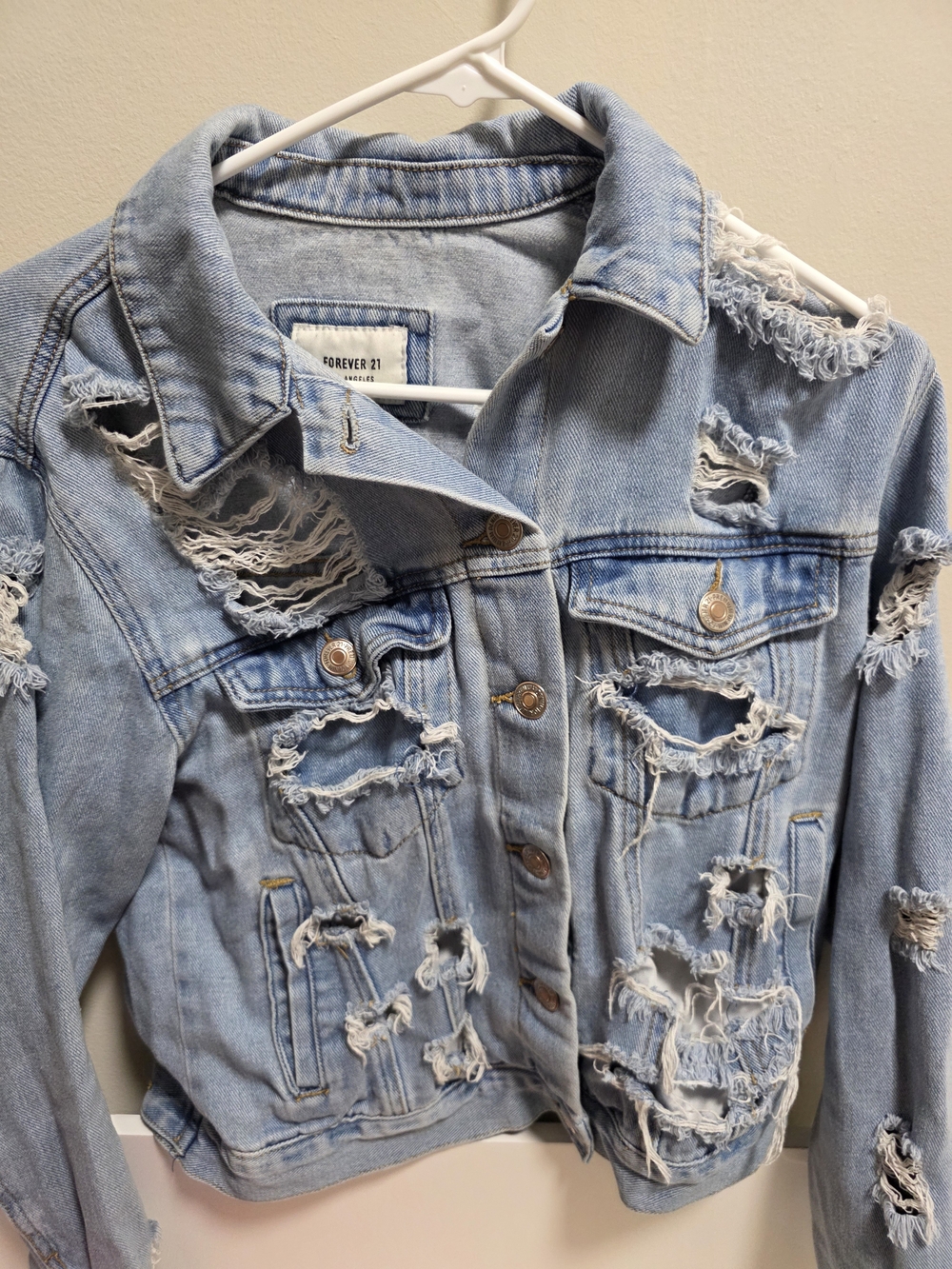 Forever 21 Light Blue Distressed Denim Jean Jacket